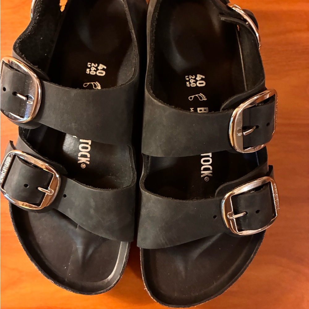 Birkenstock Black Milano Big buckle Slingback Sandals with Metallic Buckles - Picture 3 of 6